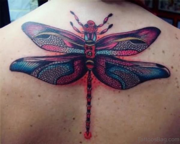 Red Dragonfly Tattoo On Back