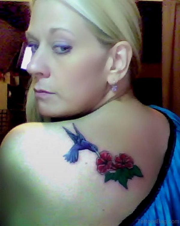 Red Flower And Hummingbird Tattoo