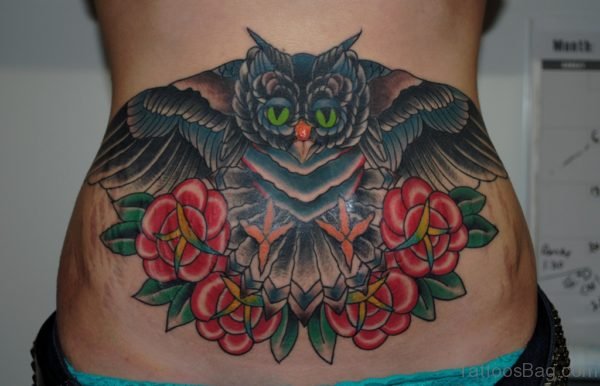 Red Flower And Owl Tattoo