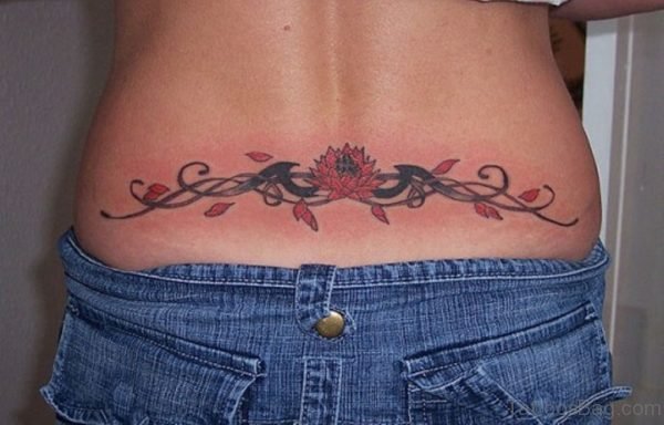 Red Flower Tattoo On Lower Back
