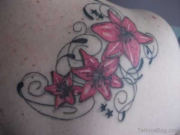 Red Flower Tattoo On On Shoulder