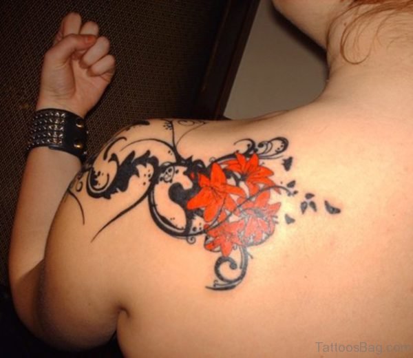 Red Flower Tattoo On Upper Back