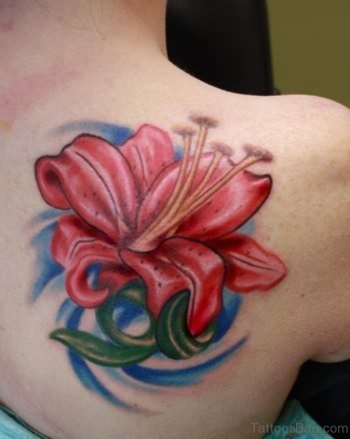 Red Lily Tattoo On Back Shoulder