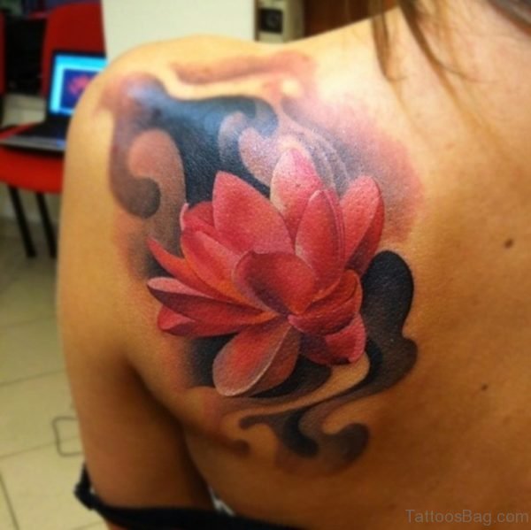 Red Lotus Flower Tattoo On Back