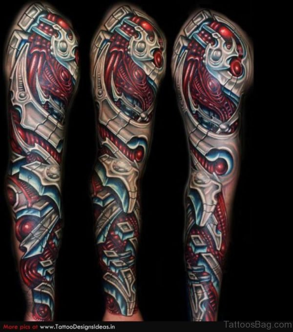 Red Mechanical Tattoo On Full Sleeve