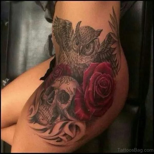 Red Rose And Owl Tattoo