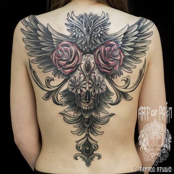 Red Roses And Owl Tattoo