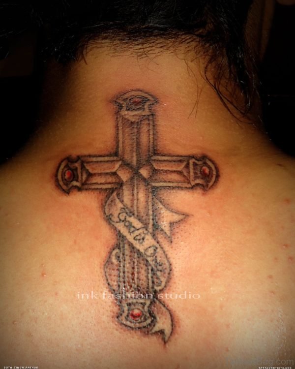 Religious Cross Tattoo On Neck