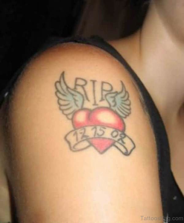Rip Winged Heart Tattoo On Right Shoulder