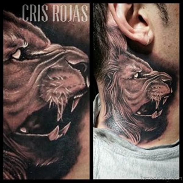 Roaring Lion Neck Tattoo