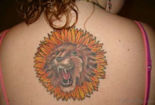 Roaring Lion Sunflower Tattoo For Upper Back