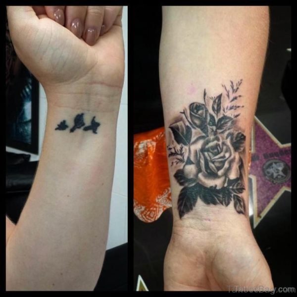 Rose And Bird Tattoo On Wrist