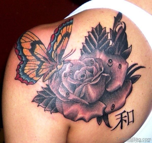 Rose And Butterfly Tattoo On Back