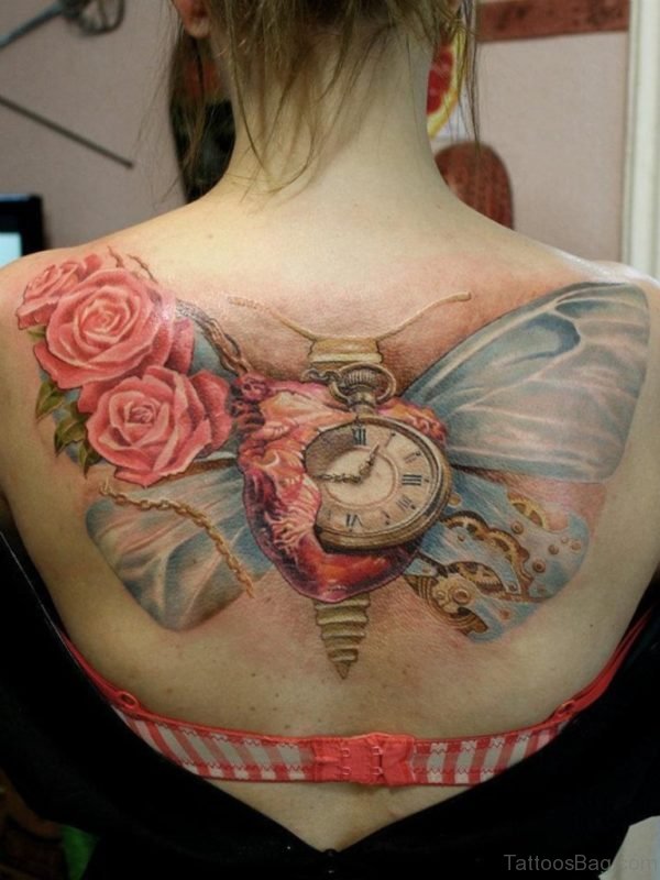 Rose And Clock Tattoo On Back