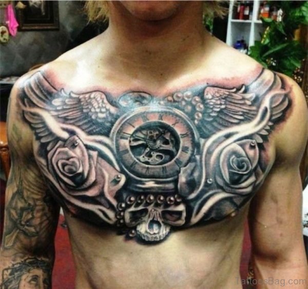Rose And Clock Tattoo On Chest