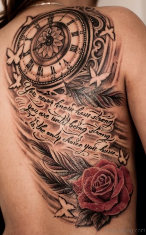 Rose And Compass Tattoo On Back