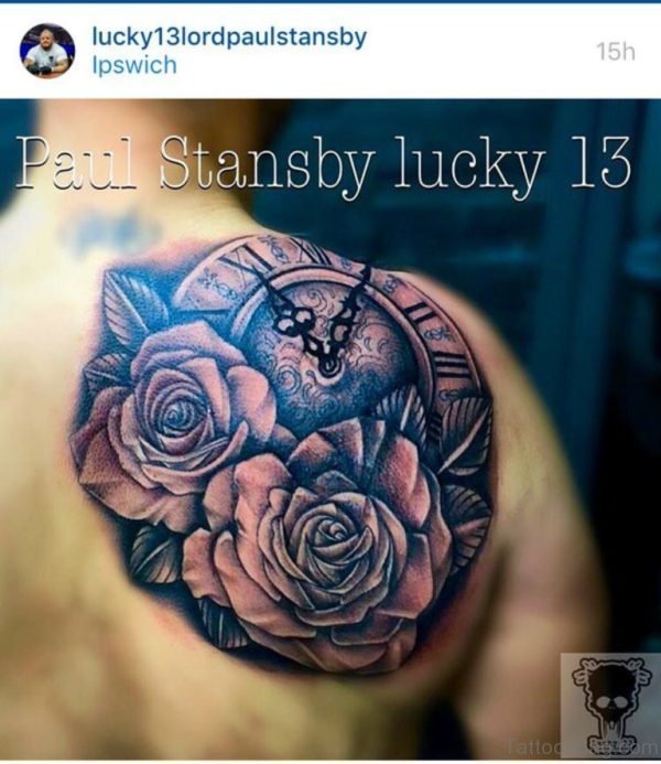 Rose Flower And Clock Tattoo