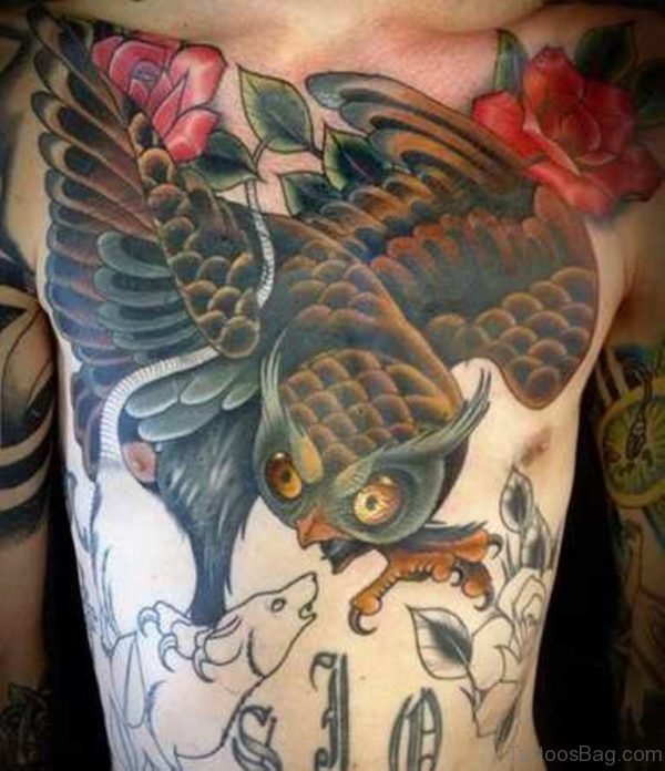 Rose Flower And Owl Tattoo