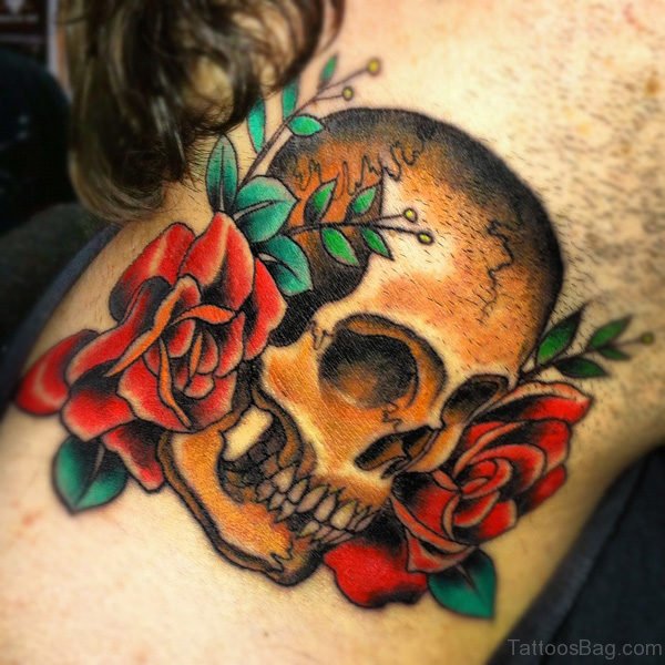 Roses And Skull Tattoo On Neck