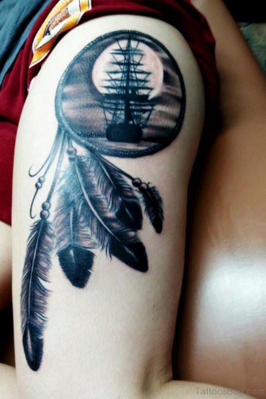 Ship Dream Catcher Tattoo On Shoulder
