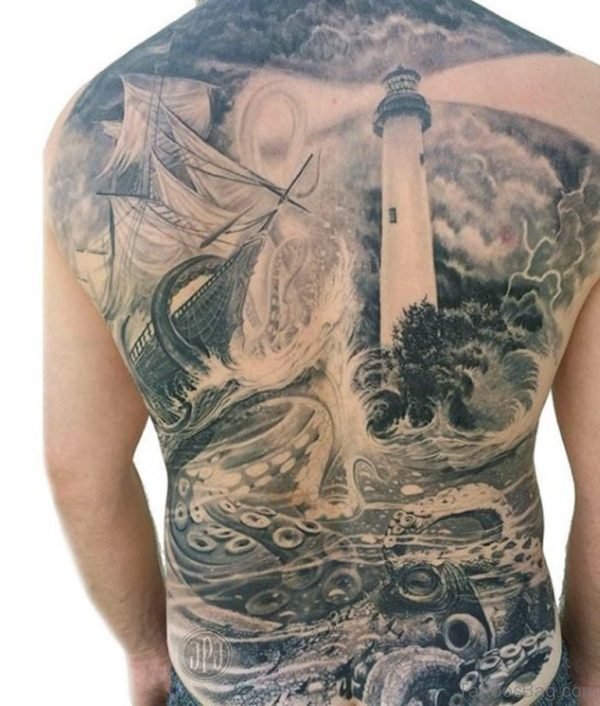 Ship Tattoo On Full Back
