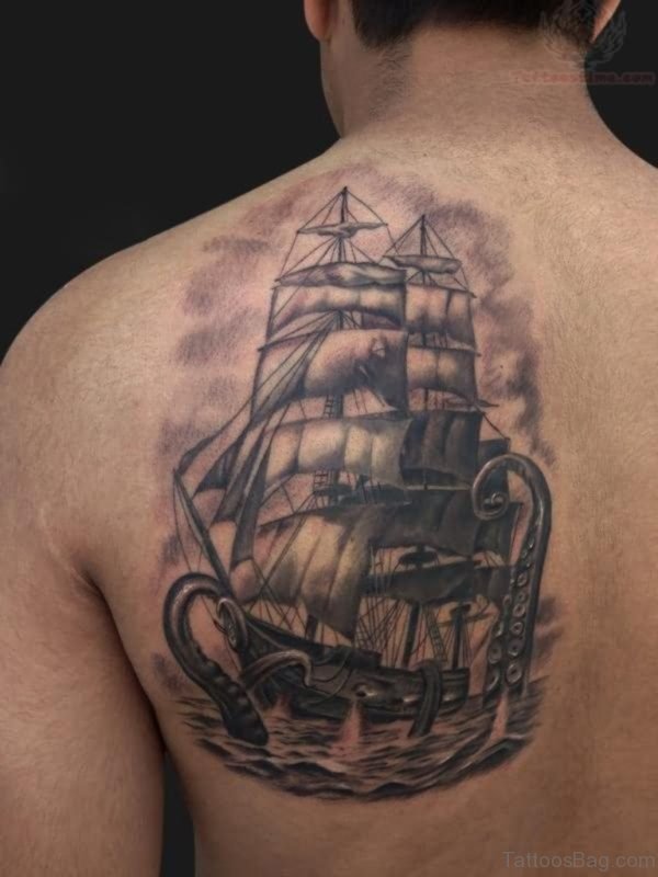 Ship Tattoo On Left Back