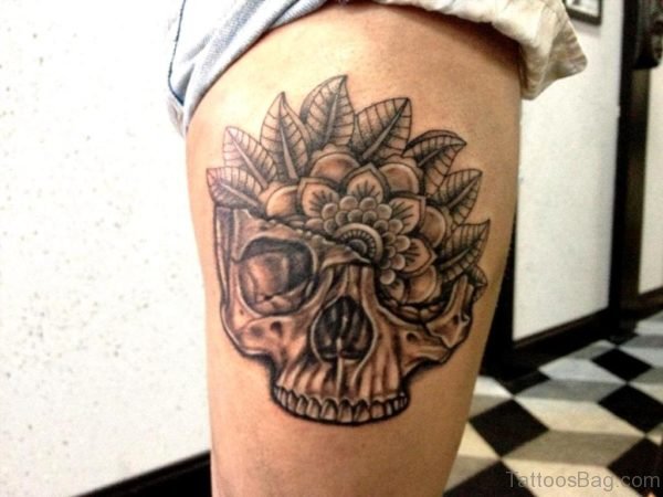Skull And Mandala Thigh Tattoo