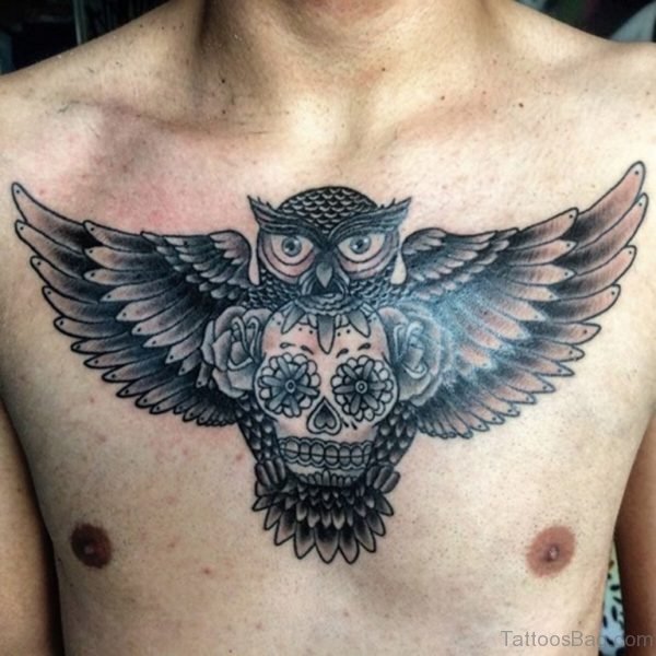 Skull And Owl Tattoo On Chest 