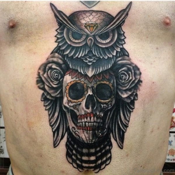 Skull And Owl Tattoo On Chest