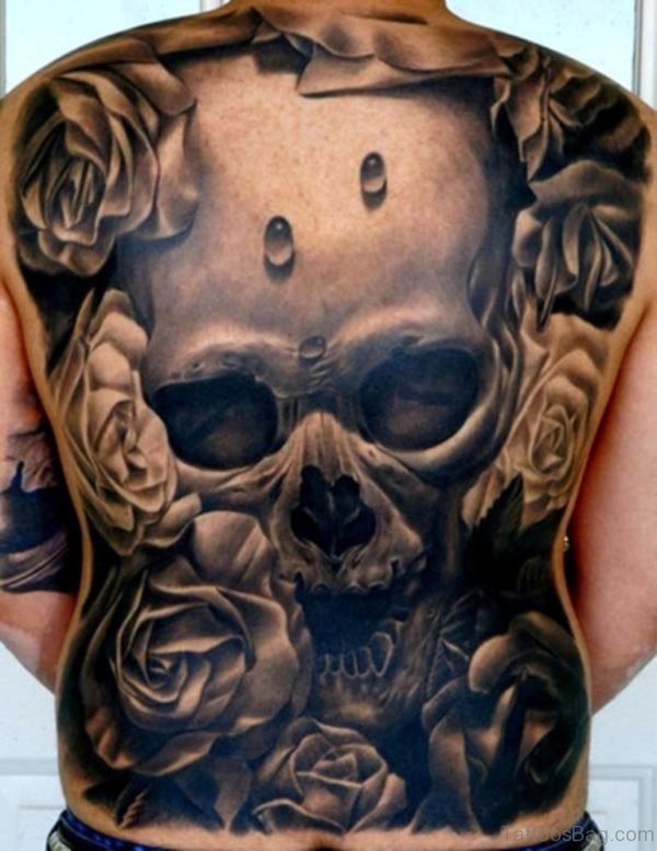 Skull And Rose Tattoo On Full Back