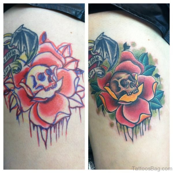 Skull And Rose Tattoo On Thigh