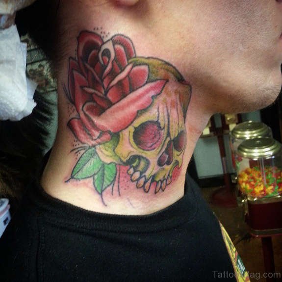 Skull Rose Tattoo On Neck