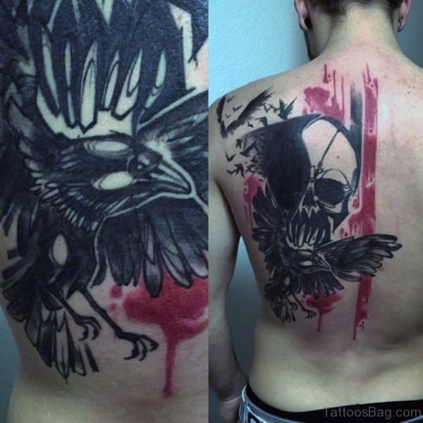 Skull With Crow Tattoo On Back