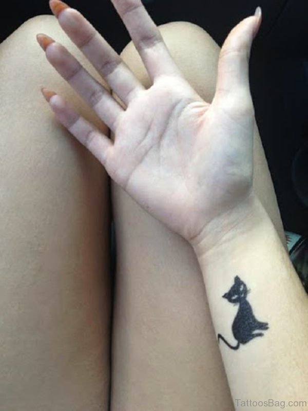 Small Black  Cat Tattoo On Wrist
