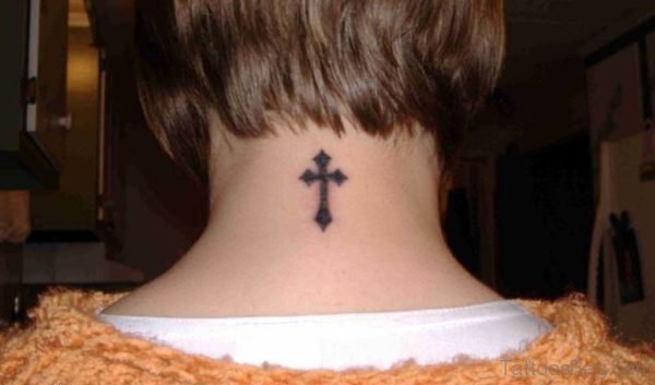 Small Black Tattoo On Back Neck