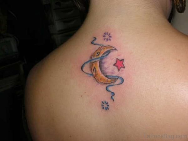 Small Colorful Moon And Star Tattoo