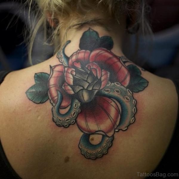 Snake And Flower Tattoo On Back