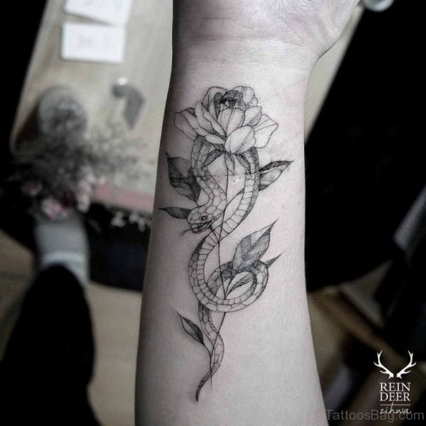 Snake And Rose Tattoo On Wrist