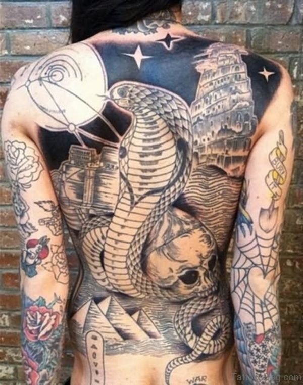 Snake And  Skull Tattoo On  Back