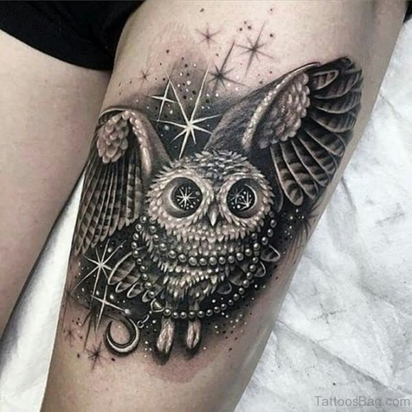 Sparkling Owl On Thigh Tattoo
