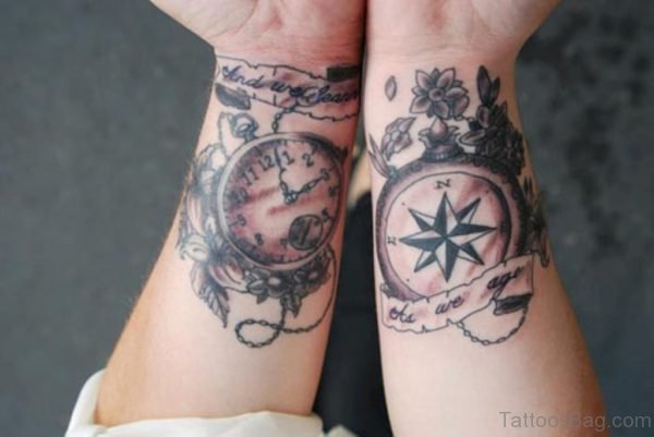 Stop Watch Compass Tattoo On Wrist
