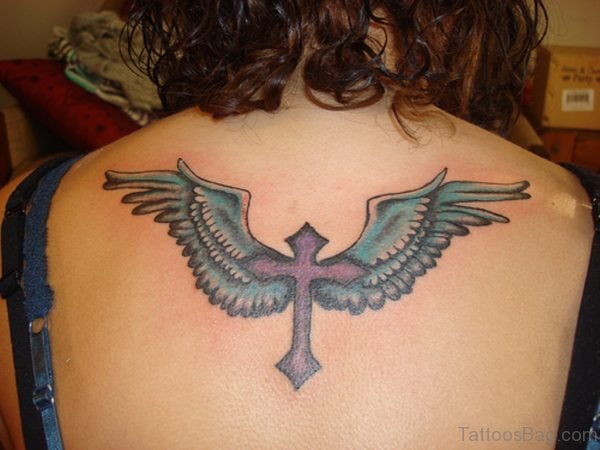  Cross Wings Tattoo On Back