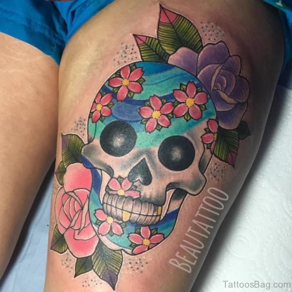 Sugar Skull Tattoo On Women Thigh