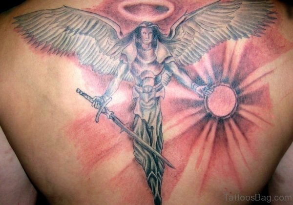 Sun And Angel Tattoo On Back