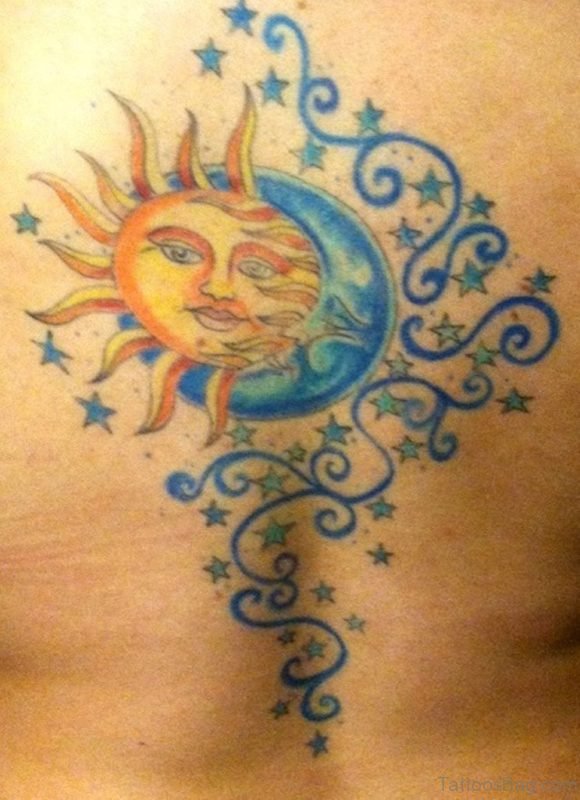 Sun And Moon Back Tattoo