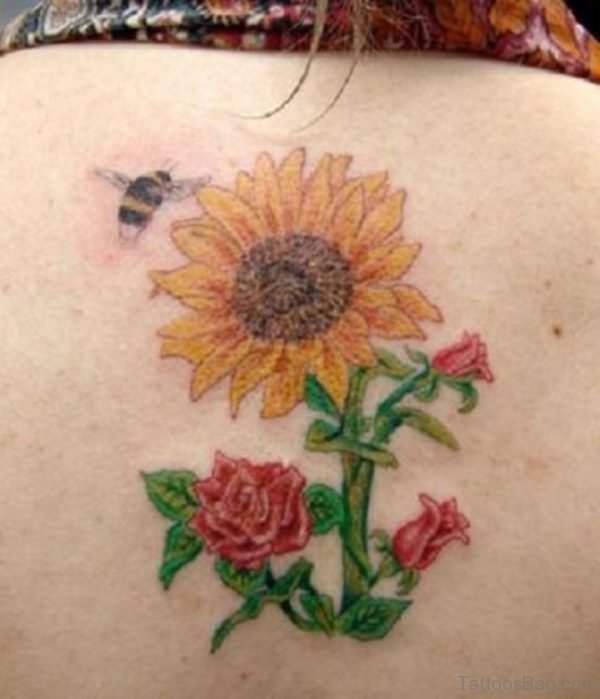 Sunflower And Rose Tattoo On Back