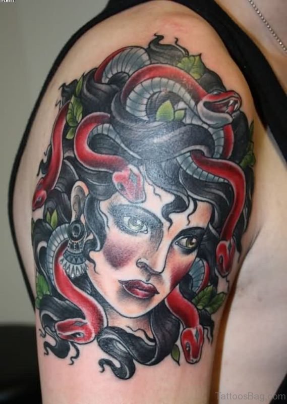 Superb Medusa Head Tattoo On Shoulder