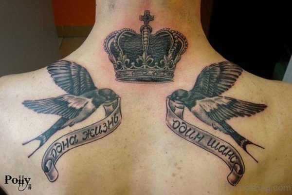 Swallow And Crown Back Tattoo