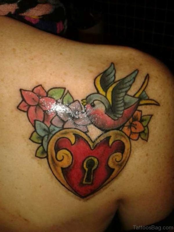 Swallow Heart Lock Tattoo On Back