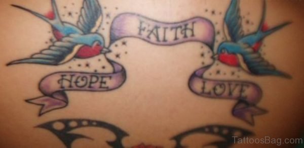 Swallows & Hope Faith Love Banner Tattoo On Back